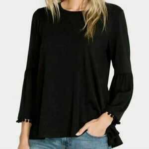 Johnny Was Calme Flute Sleeve Swing Tee Black Pom Pom Trim Bamboo Cotton